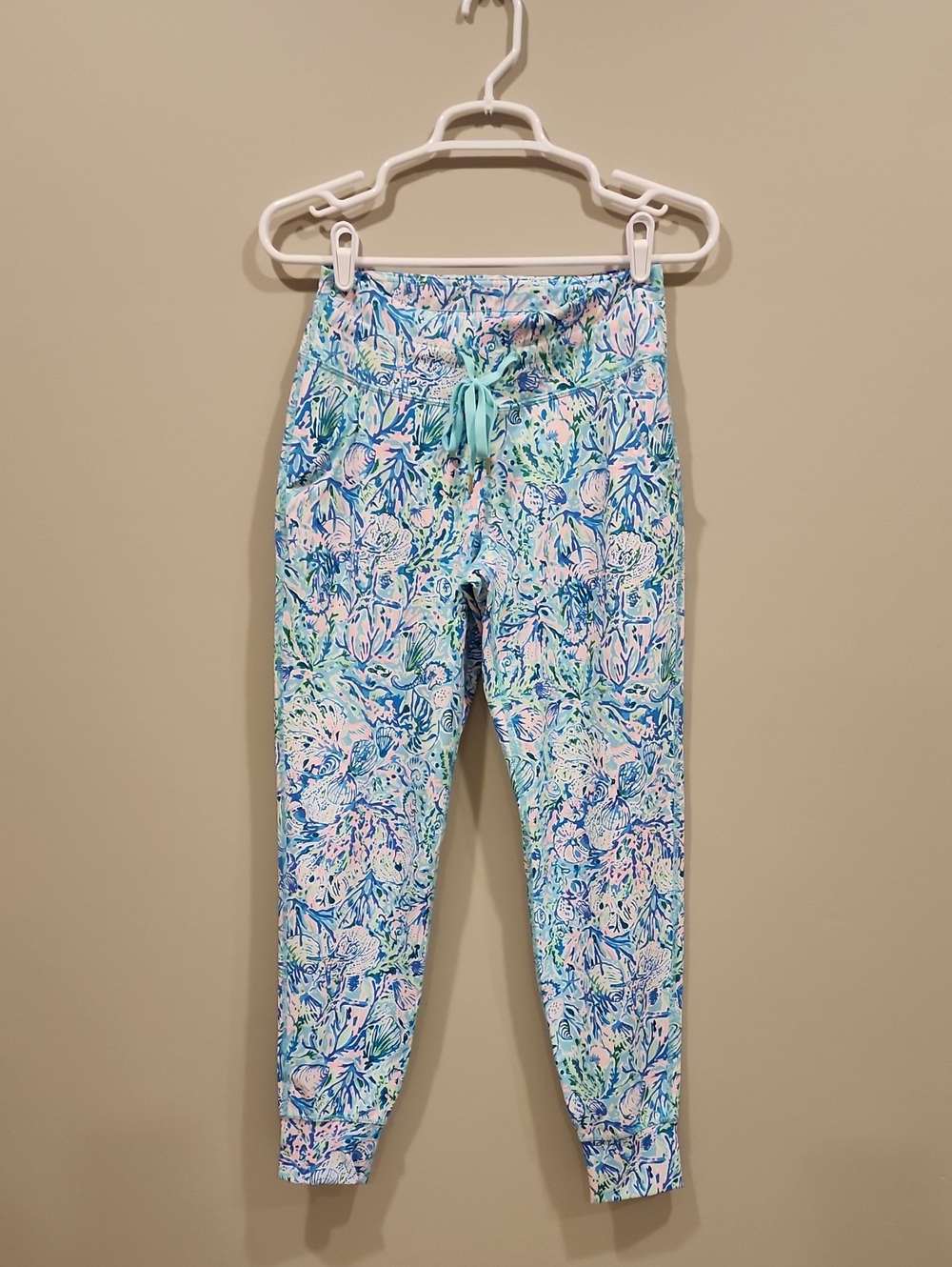Lilly Pulitzer Luxletic Floral Aqua Stretch Drawstring Leggings, Size Small